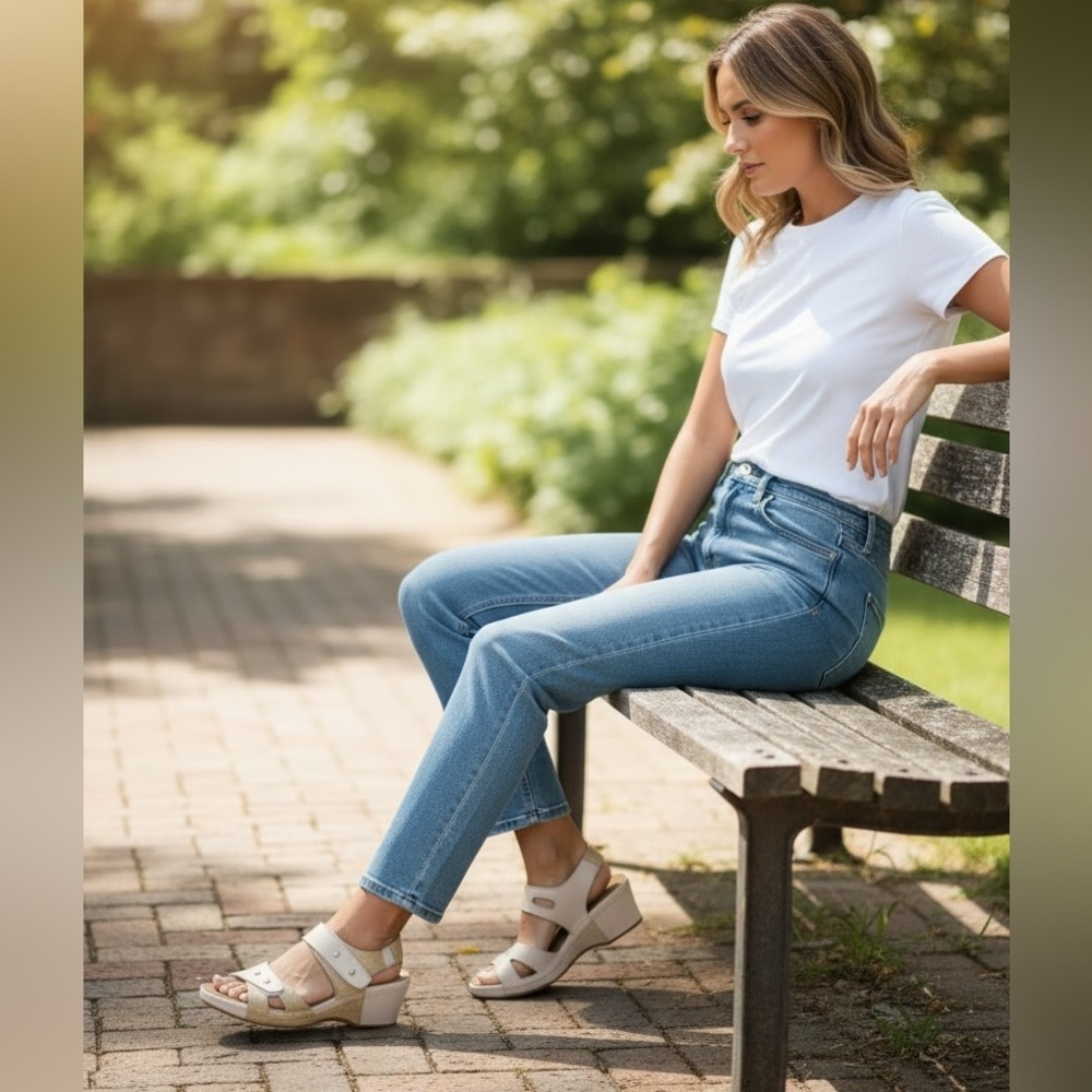 (59)White and Tan Sandals with Perforated Strap Design